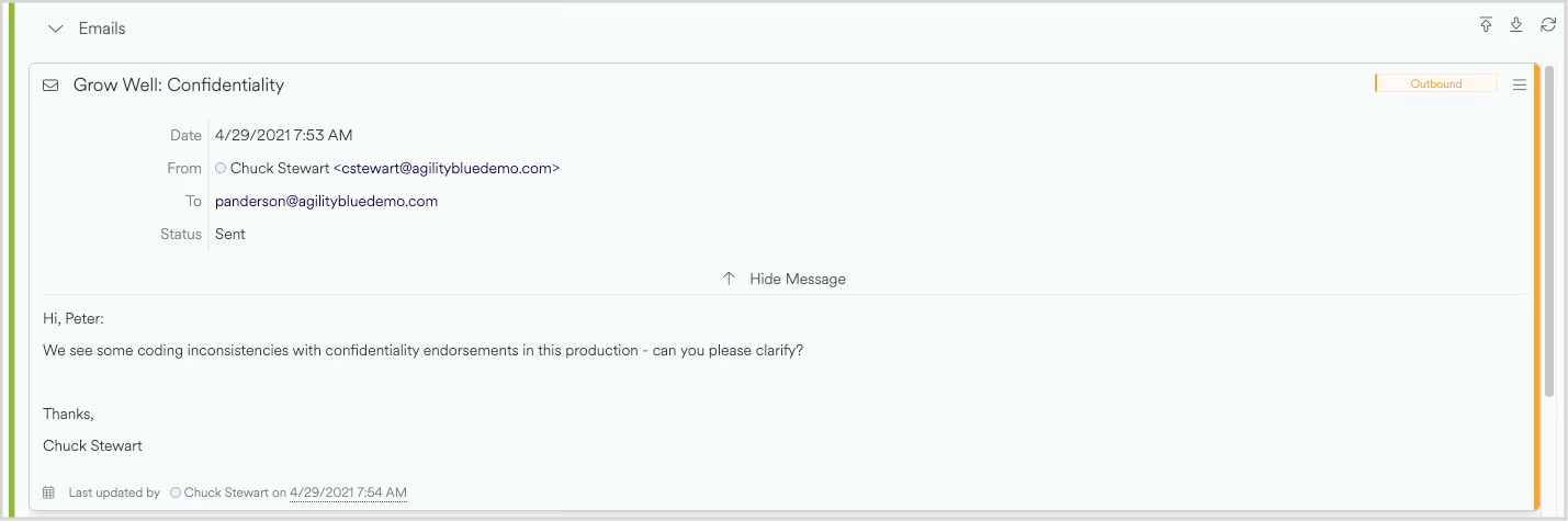 Email correspondence discussing coding inconsistencies in confidentiality endorsements.